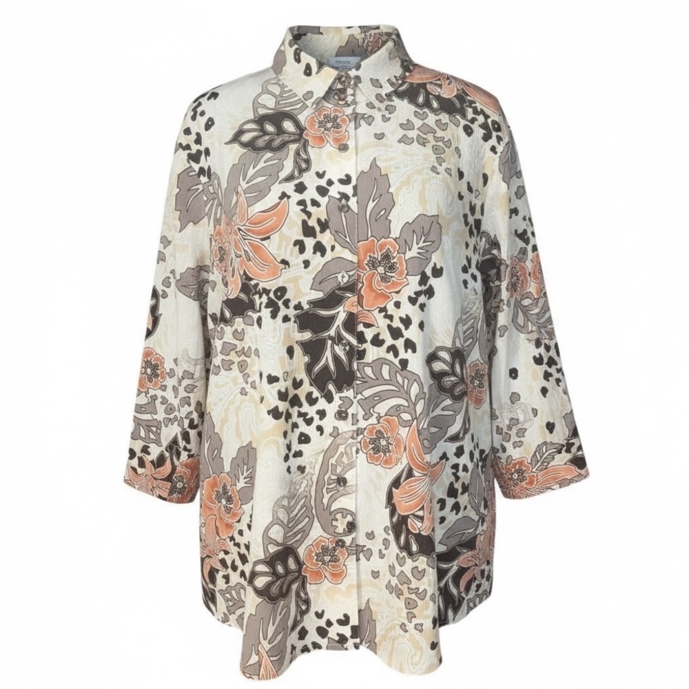 Allison Daley 3/4 Sleeve Leopard Floral Leaf Print Textured Button Down Blouse